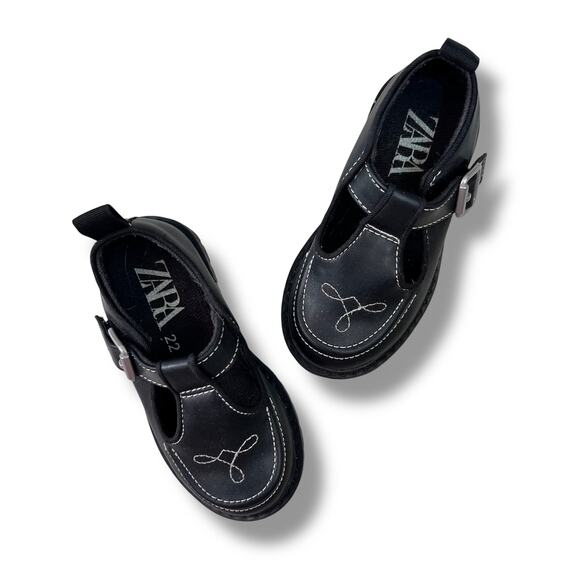 Zara Kids T-Strap Mary Jane Shoes Size EU 22 US 6 Black Embroidered Buckle Fall - Picture 1 of 9